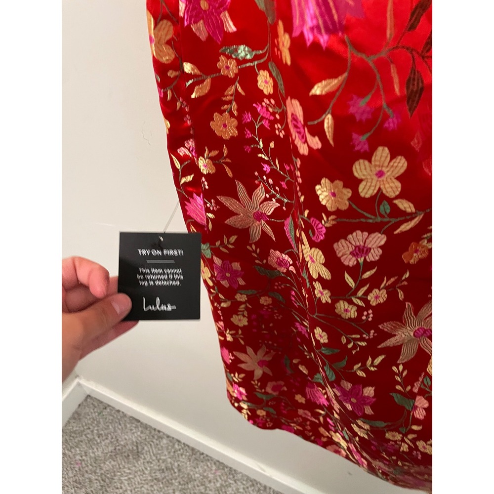 Lulus Make a Move Red Satin Floral Jacquard Strapless Midi Dress Size Large NWT - Picture 10 of 14